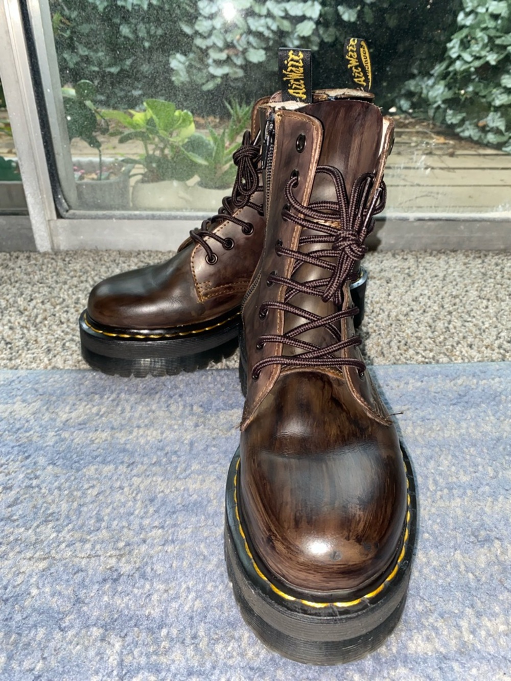 Dr. Martens Platform Boots in Dark Brown with Yellow Stitching - Picture 3 of 5
